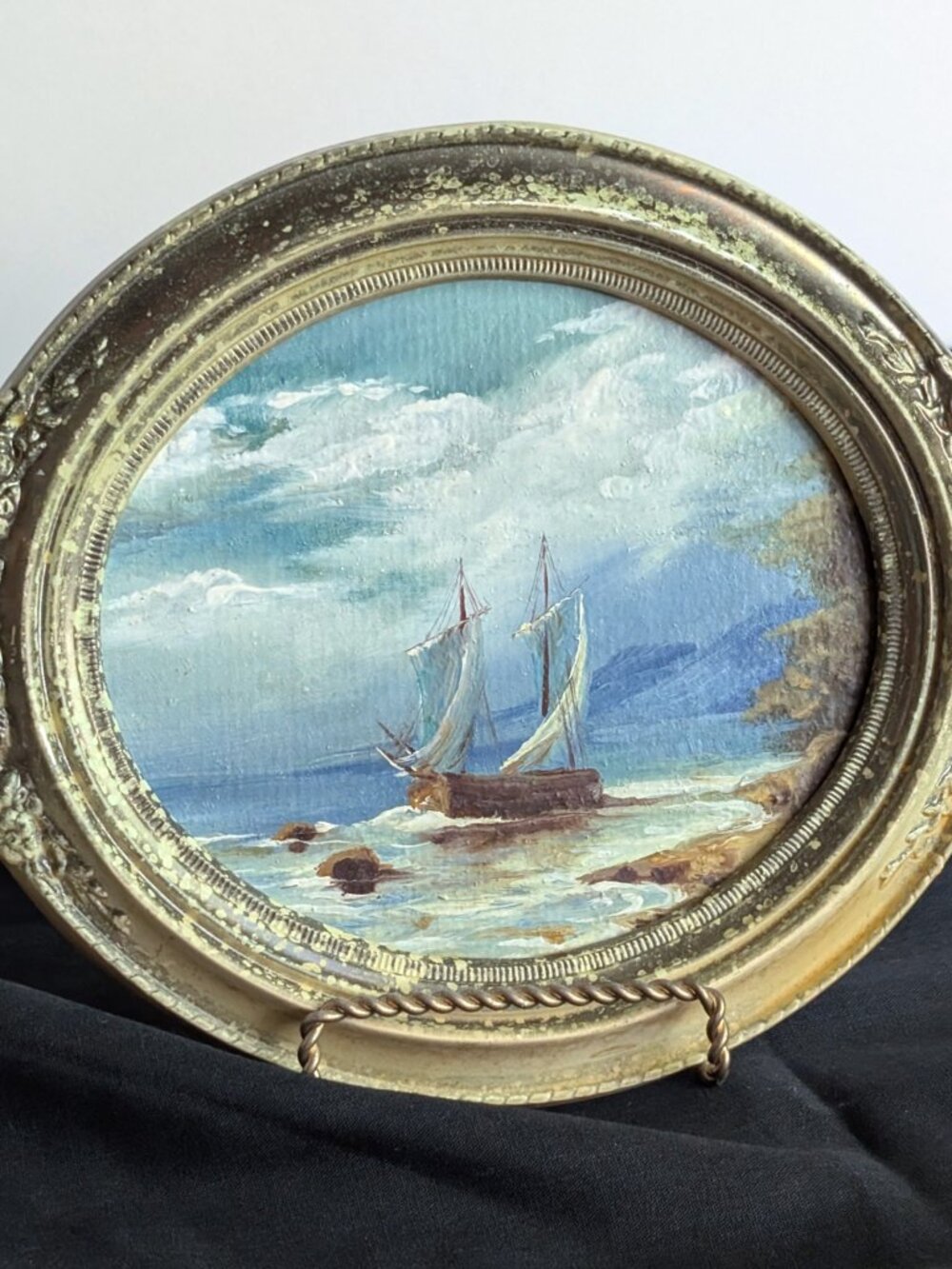 Vintage Oval Framed Oil Painting Ocean Sailboat Vintage Seascape Art Painting 8" - Picture 3 of 15